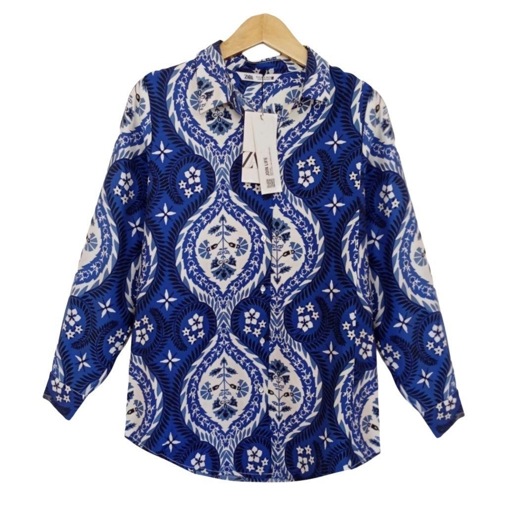 Zara Navy and White Patterned Button Down Shirt